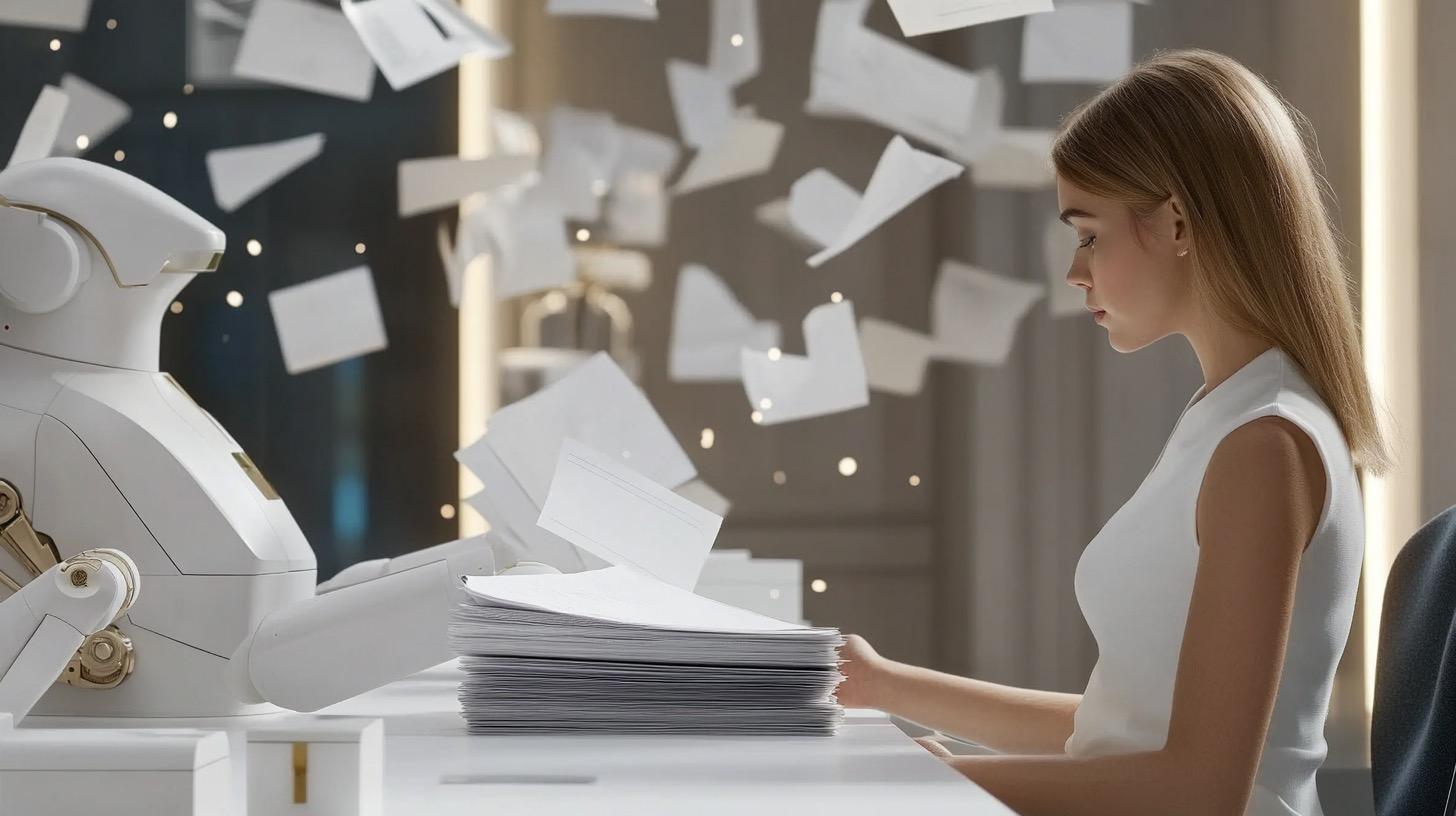 a young woman with blond hair is working on a pile of papers, with help from a robot