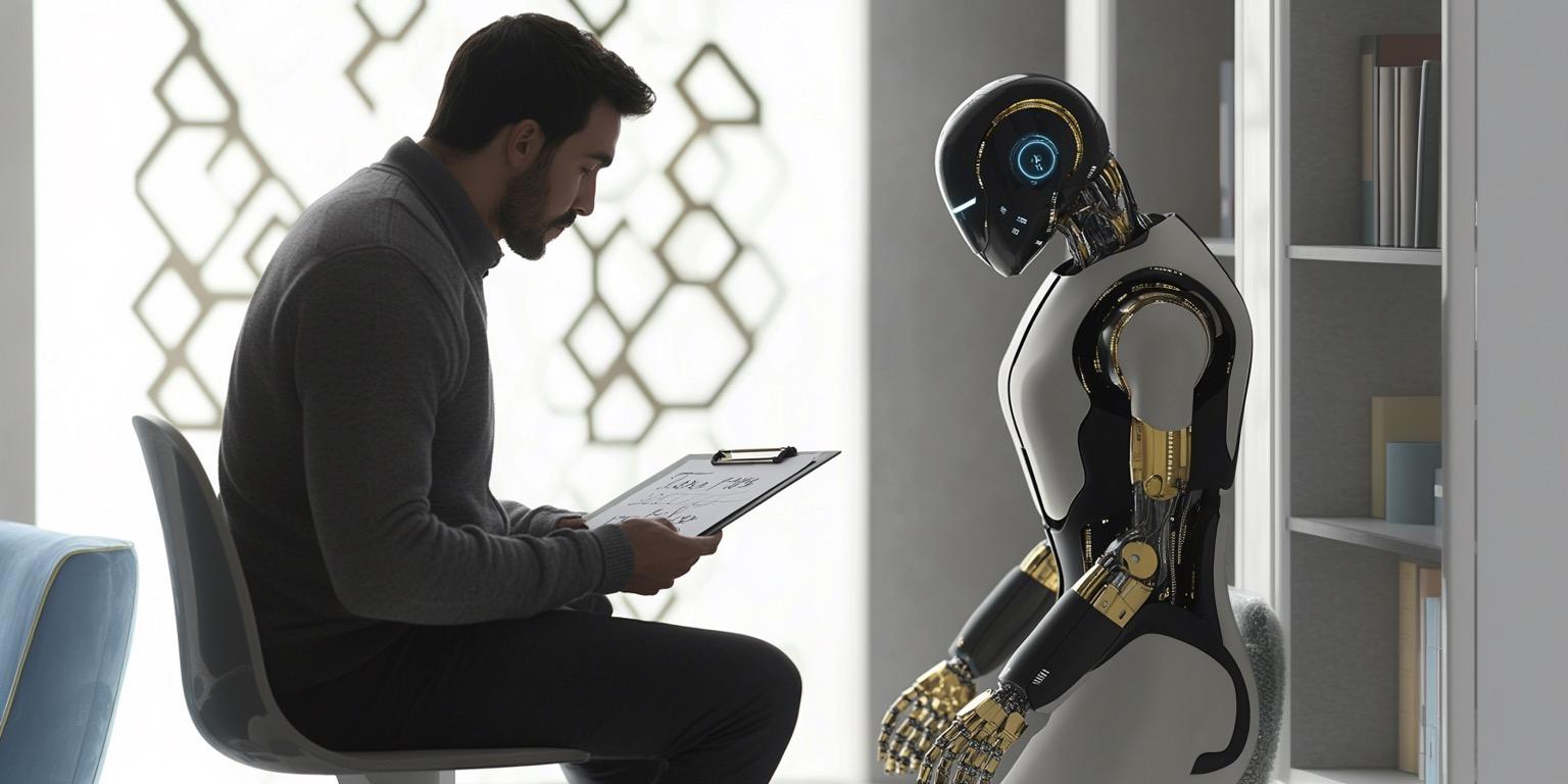 a man with a clipboard is doing an evaluation of a shiny black and gold robot in a elegant white wood lined office