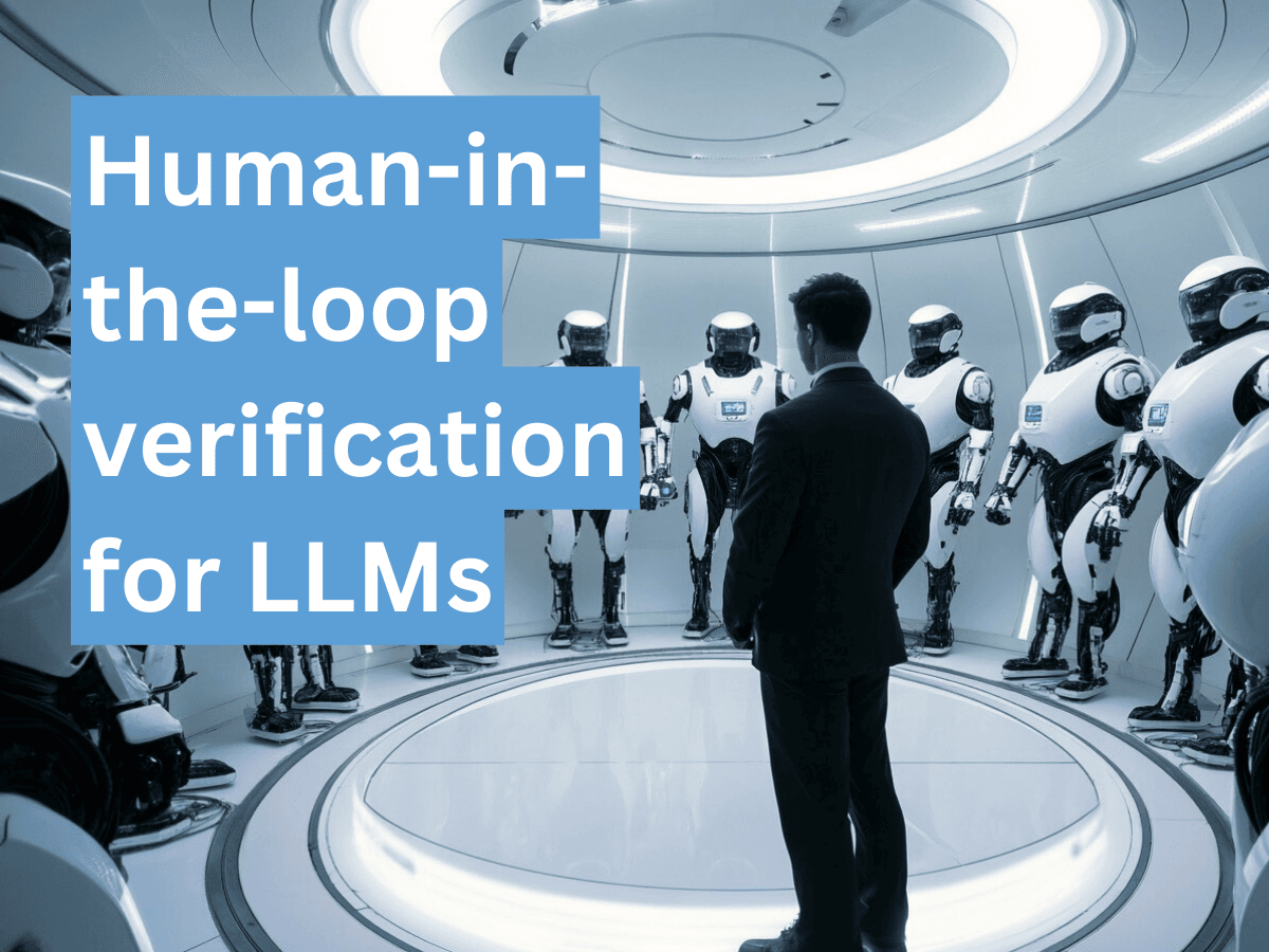 a human male stands in a futuristic room evaluating a circle of white and steel robots, as an illustration of the concept of human-in-the-loop evaluation of generative AI