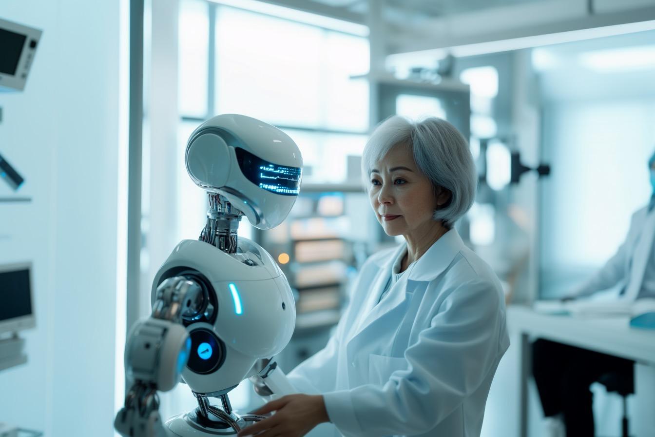 A female medic is examining a robot in a futuristic medical office