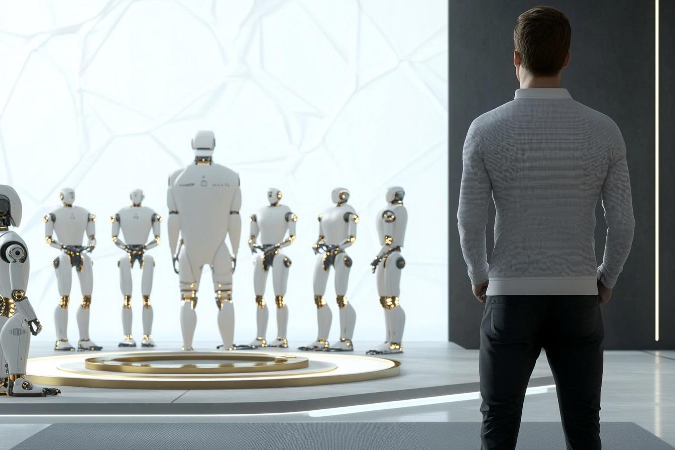 a man stands in front of a group of robots, considering them